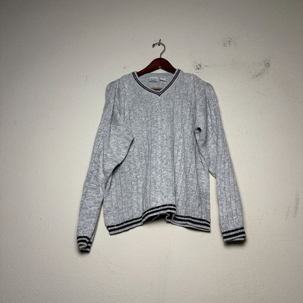 Vintage Anchor Blue Sweater Men S Grey Cable Knit Black Fall Cozy V Neck 90s